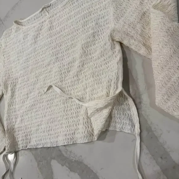 Zara Textured Long Sleeve Boatneck Tie Top Blouse Women's Small White Minimalist - Picture 3 of 7